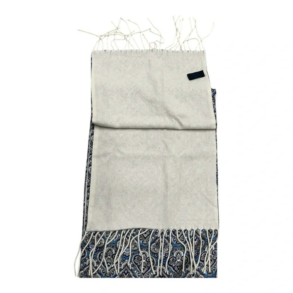 Enzo Montovani Denim Blue Damask Fringe Silk Cashmere Unisex Scarf Shawl 12x62